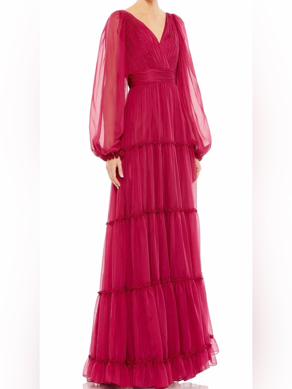 Mac Duggal Berry Ruffle Tiered Long Puff Sheer Sleeve A-Line Gown Size 16 NWT